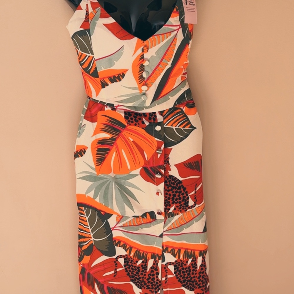 Tropical Print Orange Button-Front Midi Dress